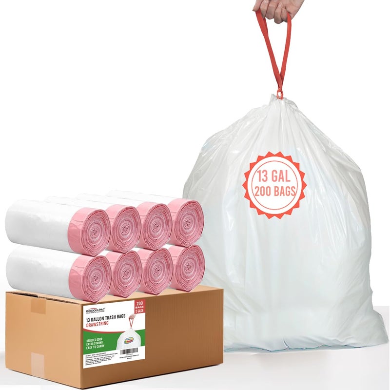 BEIDOU-PAC 13 Gallon Trash Bags Drawstring, 200 Count, White & Unscented Garbage Bags, Multi-purpose Tall Kitchen Trash Bags Can Liners for Business Home Commercial and Industrial - Image 1